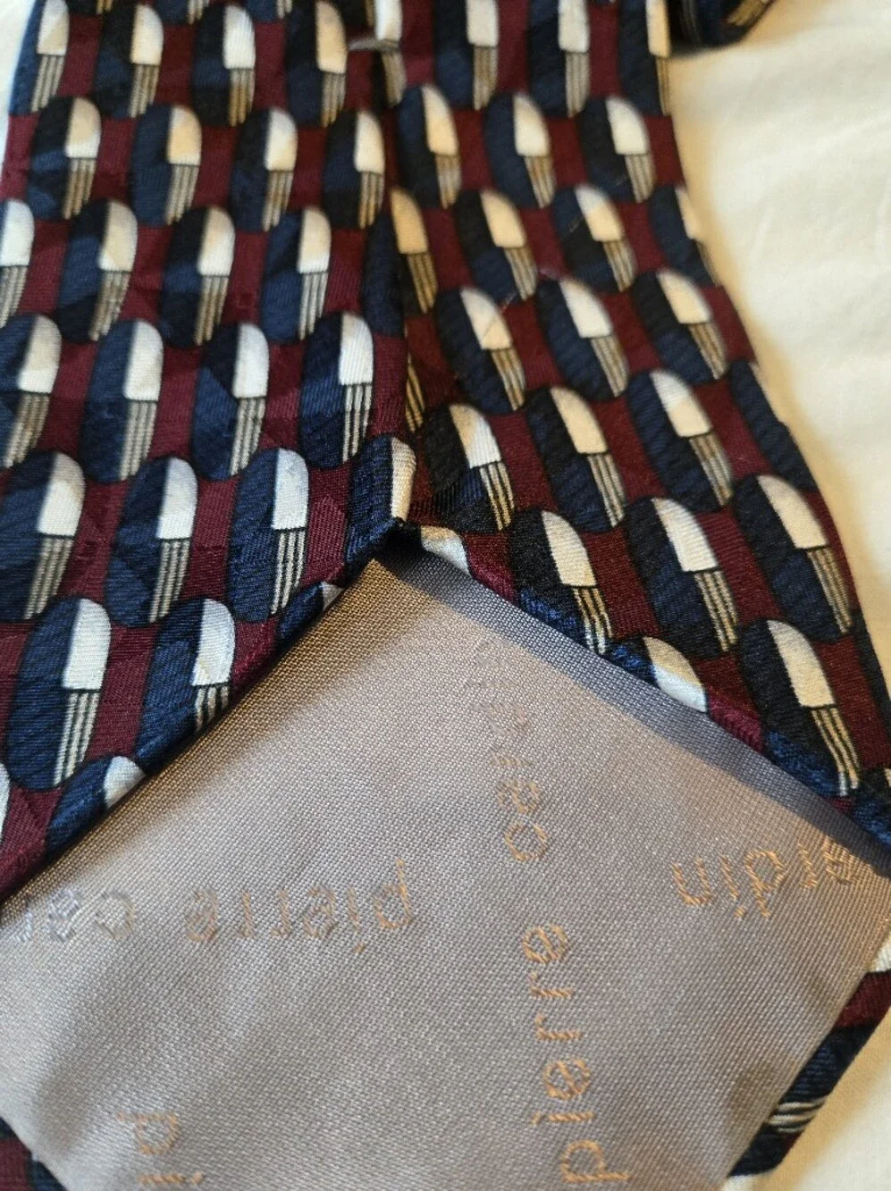 Pierre Cardin 100% Silk Tie Burgundy Navy Khaki Cream Geometric 58